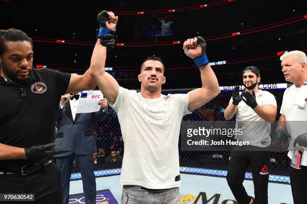 Mirsad Bektic of Bosnia celebrates after defeating Ricardo Lamas in their featherweight fight during the UFC 225 event at the United Center on June...