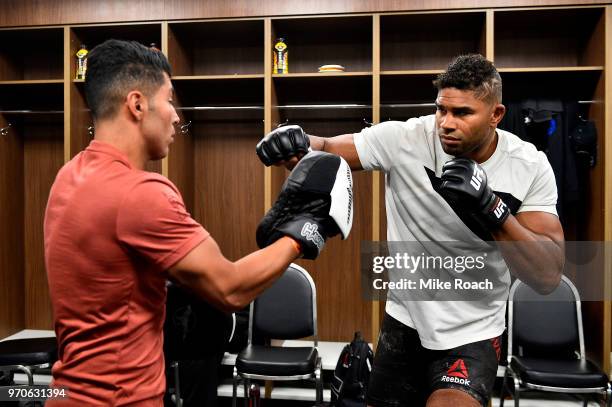 Alistair Overeem warms up backstage during the UFC 225 event at the United Center on June 9, 2018 in Chicago, Illinois.