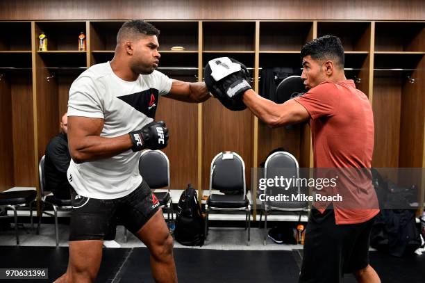 Alistair Overeem warms up backstage during the UFC 225 event at the United Center on June 9, 2018 in Chicago, Illinois.