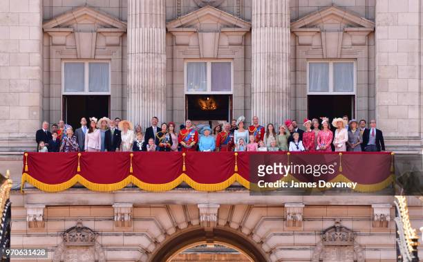 Queen Elizabeth II and members of the British Royal family stand on the balcony of Buckingham Palace during the Trooping the Colour parade on June 9,...