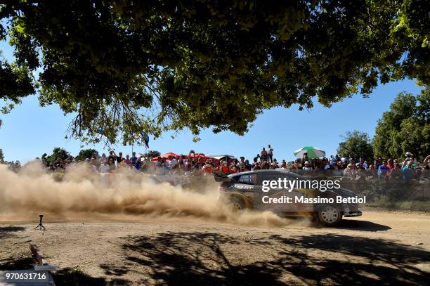 Sebastien Ogier of France and Julien Ingrassia of France compete in their M-Sport Ford WRT Ford Fiesta WRC during Day Three of the WRC Italy on June...