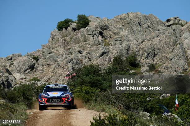 Thierry Neuville of Belgium and Nicolas Gilsoul of Belgium compete in their Hyundai Shell Mobis WRT Hyundai i20 Coupe WRC during Day Three of the WRC...