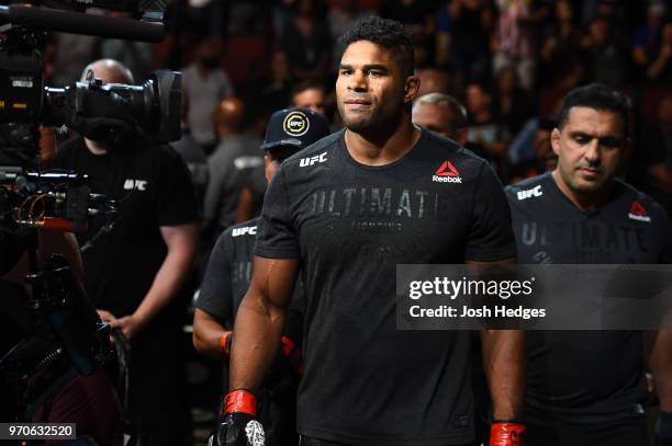 Alistair Overeem walks towards the Octagon prior to facing Curtis Blaydes in their heavyweight fight during the UFC 225 event at the United Center on...