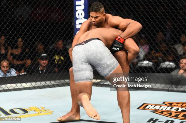 Curtis Blaydes takes down Alistair Overeem in their heavyweight fight during the UFC 225 event at the United Center on June 9, 2018 in Chicago,...