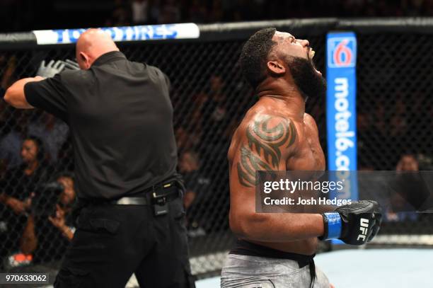 Curtis Blaydes celebrates after defeating Alistair Overeem in their heavyweight fight during the UFC 225 event at the United Center on June 9, 2018...