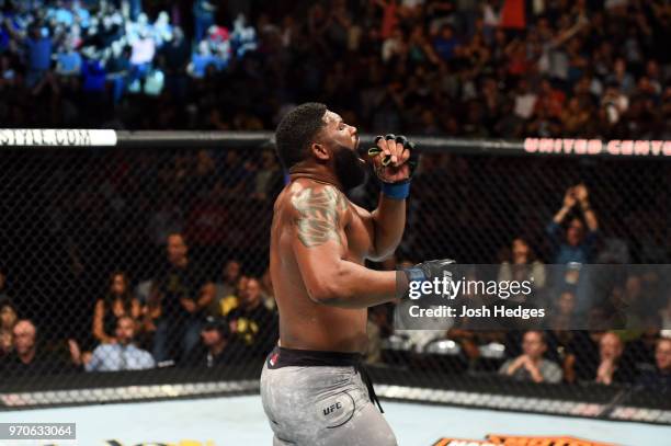 Curtis Blaydes celebrates after defeating Alistair Overeem in their heavyweight fight during the UFC 225 event at the United Center on June 9, 2018...