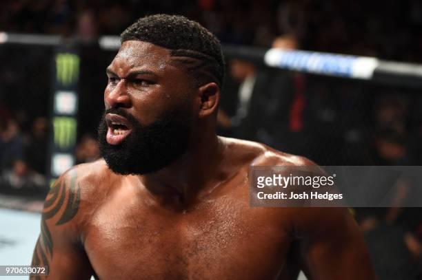 Curtis Blaydes celebrates after defeating Alistair Overeem in their heavyweight fight during the UFC 225 event at the United Center on June 9, 2018...