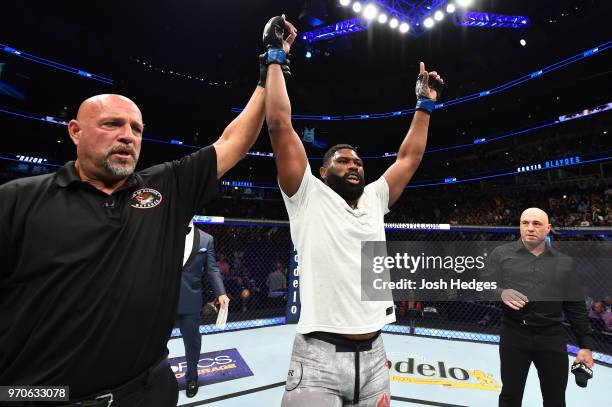 Curtis Blaydes celebrates after defeating Alistair Overeem in their heavyweight fight during the UFC 225 event at the United Center on June 9, 2018...