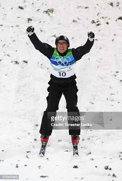 Alexei Grishin of Belarus celebrates on his way to winning the gold medal during the freestyle skiing men's aerials final on day 14 of the Vancouver...