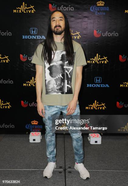 Steve Aoki is seen backstage during the Mix Live! presented by Uforia concert at the AmericanAirlines Arena on June 9, 2018 in Miami, Florida.