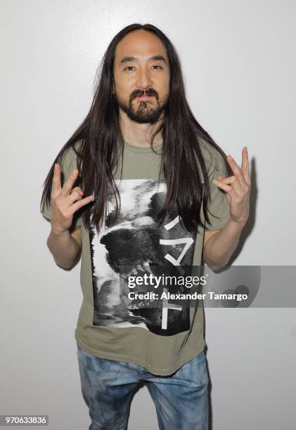 Steve Aoki is seen backstage during the Mix Live! presented by Uforia concert at the AmericanAirlines Arena on June 9, 2018 in Miami, Florida.
