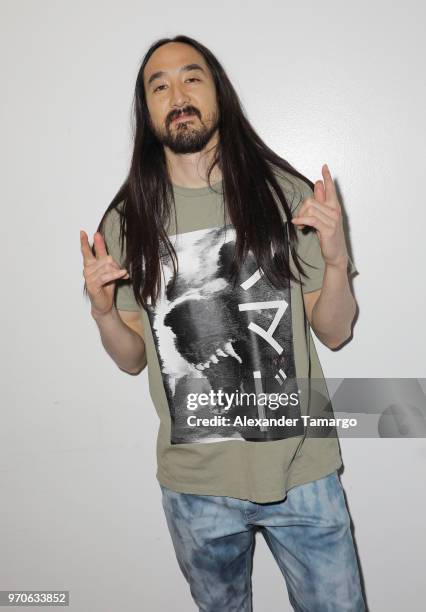 Steve Aoki is seen backstage during the Mix Live! presented by Uforia concert at the AmericanAirlines Arena on June 9, 2018 in Miami, Florida.