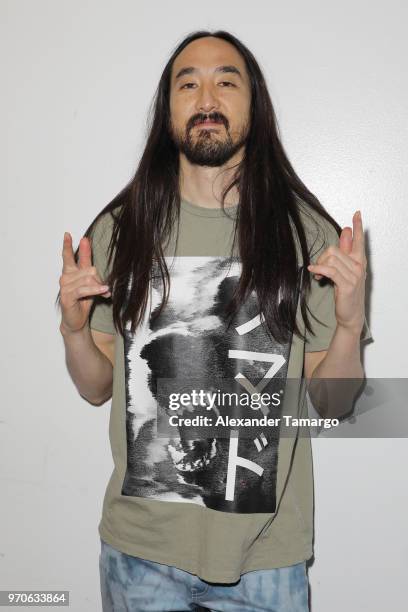 Steve Aoki is seen backstage during the Mix Live! presented by Uforia concert at the AmericanAirlines Arena on June 9, 2018 in Miami, Florida.