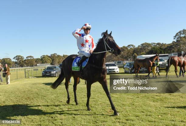 Fratello ridden by Ben E Thompson returns after the Naracoorte Hotel Maiden Plate at Edenhope Racecourse on June 10, 2018 in Edenhope, Australia.