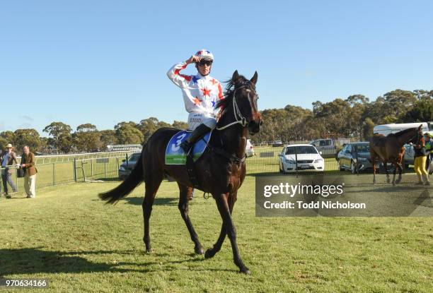 Fratello ridden by Ben E Thompson returns after the Naracoorte Hotel Maiden Plate at Edenhope Racecourse on June 10, 2018 in Edenhope, Australia.
