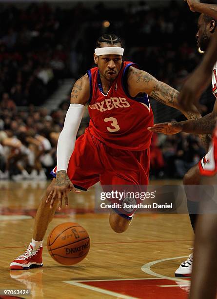 Allen Iverson of the Philadelphia 76ers moves against the Chicago Bulls at the United Center on February 20, 2010 in Chicago, Illinois. The Bulls...