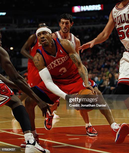 Allen Iverson of the Philadelphia 76ers moves against the Chicago Bulls at the United Center on February 20, 2010 in Chicago, Illinois. The Bulls...