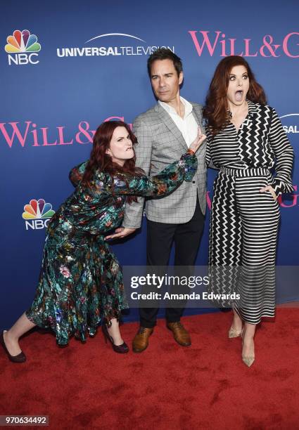 Actors Megan Mullally, Eric McCormack and Debra Messing arrive at NBC's "Will & Grace" FYC Event at the Harmony Gold Theatre on June 9, 2018 in Los...