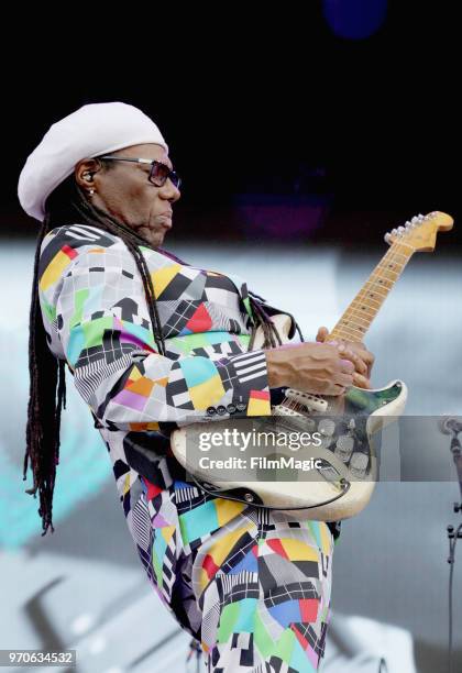 Nile Rodgers performs on What Stage during day 3 of the 2018 Bonnaroo Arts And Music Festival on June 9, 2018 in Manchester, Tennessee.