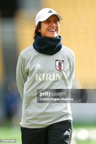 Coach Asako Takakura of Japan looks on during the International Friendly match between the New Zealand Football Ferns and Japan at Westpac Stadium on...