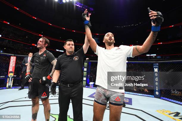 Mike Jackson celebrates after defeating CM Punk in their welterweight fight during the UFC 225 event at the United Center on June 9, 2018 in Chicago,...