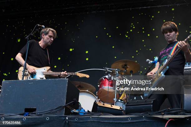 Dirk von Lowtzow and Jan Muller of German band Tocotronic perform live on stage in support of Beatsteaks during a concert at Waldbuehne Berlin on...