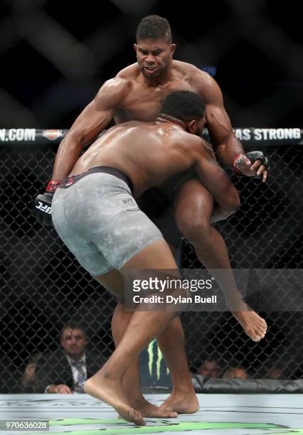 Curtis Blaydes attempts to take down Alistair Overeem of England in the second round in their heavyweight bout during the UFC 225: Whittaker v Romero...