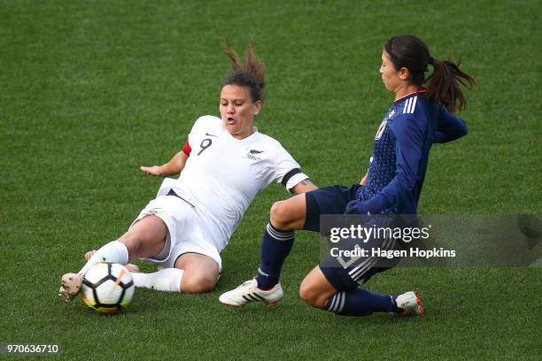 Amber Hearn of New Zealand and Aya Sameshima of Japan during the International Friendly match between the New Zealand Football Ferns and Japan at...