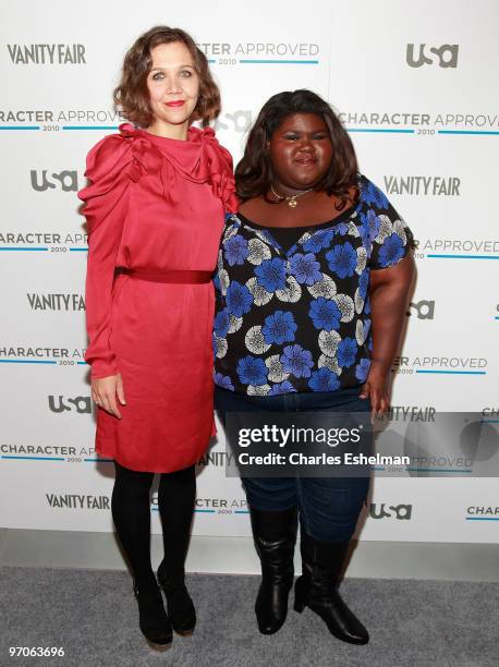 Actress Maggie Gyllenhaal and Gabourey Sidibe attend the 2nd Annual Character Approved Awards cocktail reception at The IAC Building on February 25,...