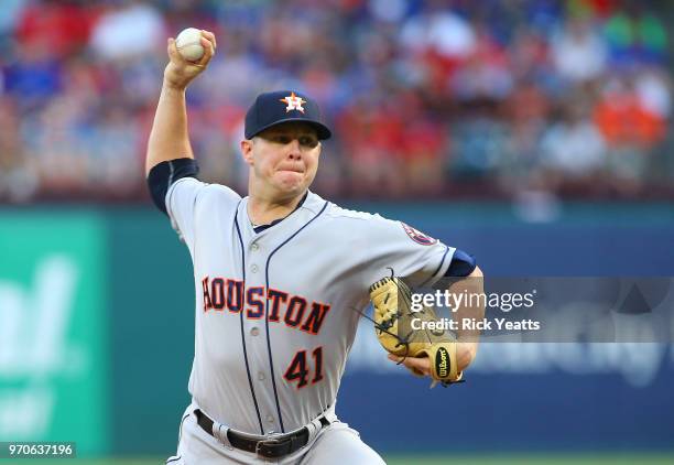 Brad Peacock of the Houston Astros throws in the fifth inning against the Texas Rangers at Globe Life Park in Arlington on June 9, 2018 in Arlington,...