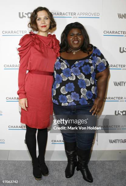 Actress Maggie Gyllenhaal and actress Gabourey Sidibe attend the 2nd annual Character Approved Awards cocktail reception at The IAC Building on...