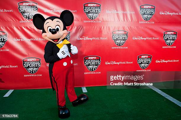 Mickey Mouse walks the red carpet at the official relaunch of the ESPN Wide World of Sports at Walt Disney World Resort on February 25 in Lake Buena...