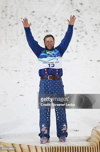 Jeret Peterson of the United States celebrates winning the silver medal during the freestyle skiing men's aerials final on day 14 of the Vancouver...