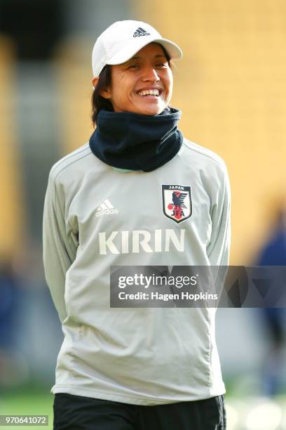 Coach Asako Takakura of Japan looks on during the International Friendly match between the New Zealand Football Ferns and Japan at Westpac Stadium on...