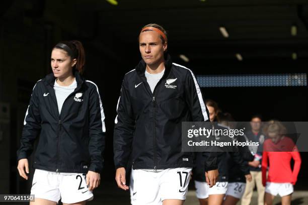 Hannah Wilkinson and Stephanie Skilton of New Zealand take the field to warm up during the International Friendly match between the New Zealand...