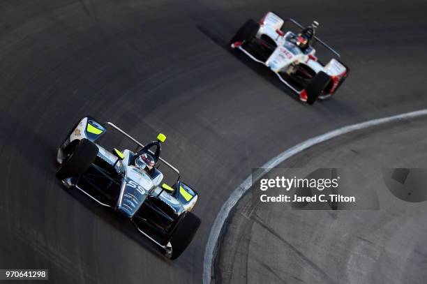 Max Chilton, driver of the Gallagher Chevrolet, leads Marco Andretti, driver of the U.S. Concrete / Curb Honda, during the Verizon IndyCar Series DXC...