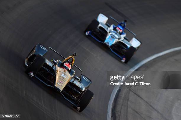 James Hinchcliffe, driver of the Arrow Electronics SPM Honda, races during the Verizon IndyCar Series DXC Technology 600 at Texas Motor Speedway on...