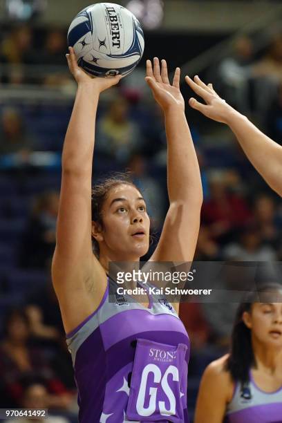 Maia Wilson of the Northern Stars shoots at goal during the round six ANZ Premiership match between the Northern Stars and the Southern Steel at...