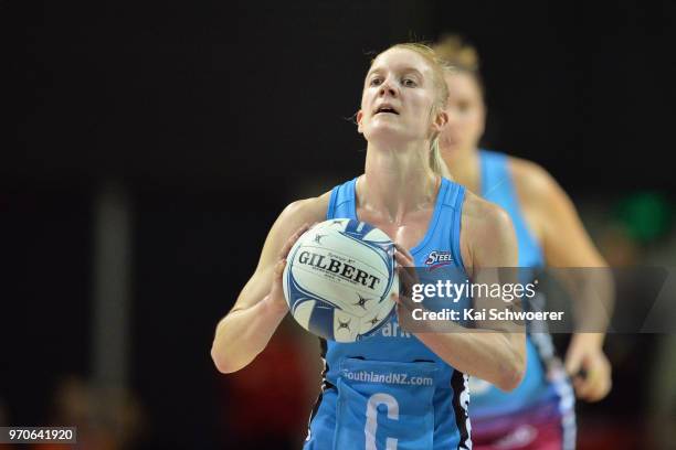 Shannon Francois of the Steel looks to pass the ball during the round six ANZ Premiership match between the Northern Stars and the Southern Steel at...