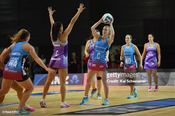 Shannon Francois of the Steel is challenged by Holly Fowler of the Northern Stars during the round six ANZ Premiership match between the Northern...