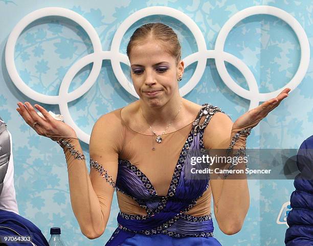 Carolina Kostner of Italy looksd dejected in the kiss and cry area in the Ladies Free Skating on day 14 of the 2010 Vancouver Winter Olympics at...