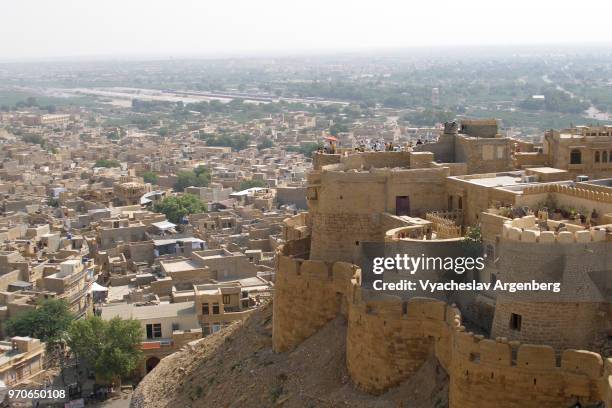 panorama of jaisalmer and jaisalmer fort, rajasthan, india - haveli stock pictures, royalty-free photos & images