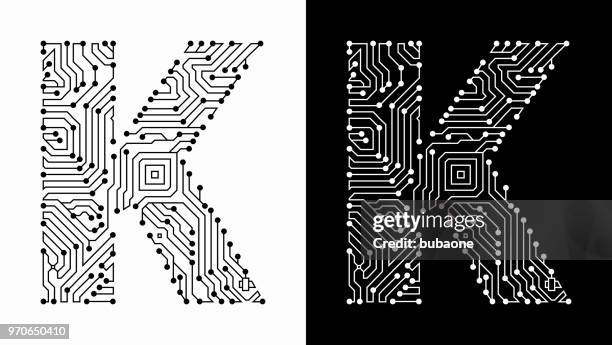 letter k in black and white circuit board font - letter board stock illustrations