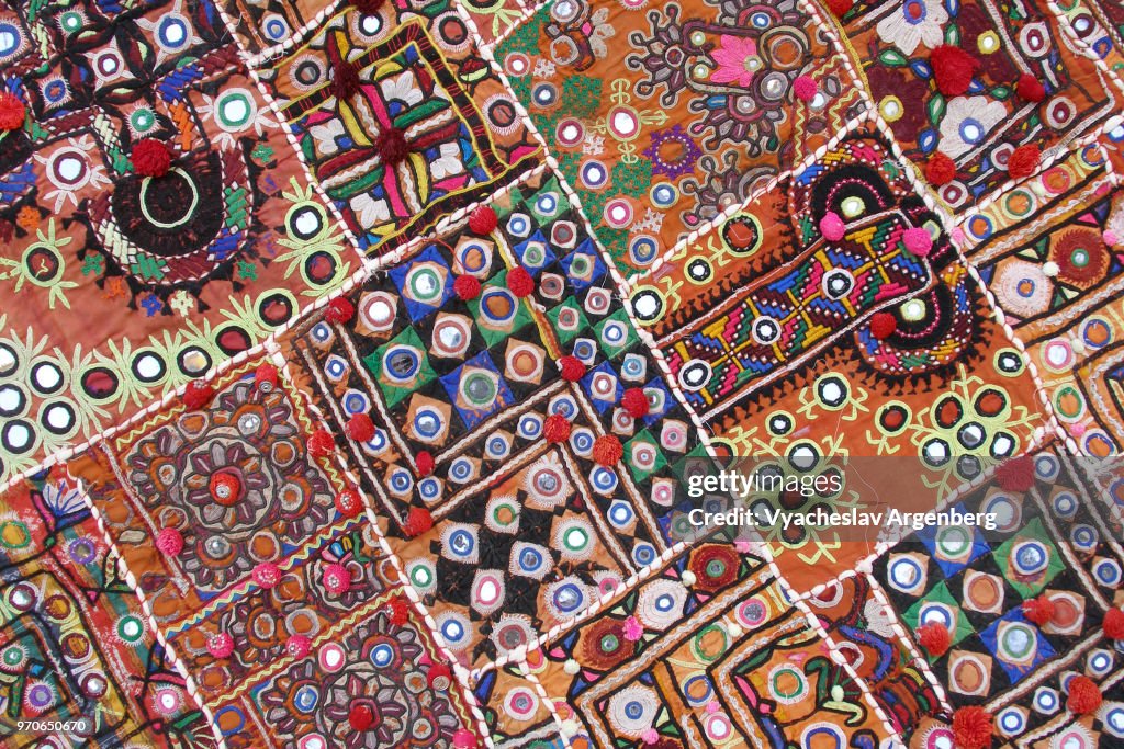 Colorful fabric artwork, ornamental patterns on textile, Jaisalmer, India