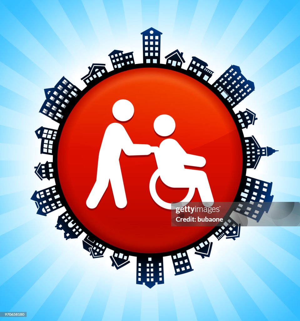 Wheelchair Caregiver on Rural Cityscape Skyline Background