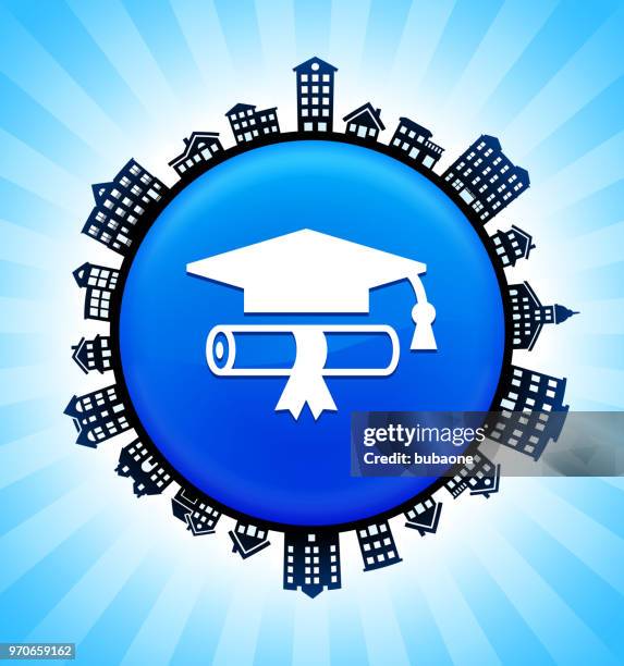 diploma and hat on rural cityscape skyline background - certificate of ownership stock illustrations
