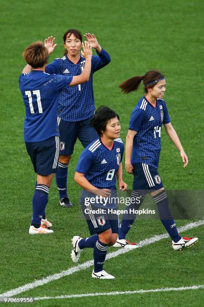 Mina Tanaka of Japan celebrates with Emi Nakajima after scoring a goal during the International Friendly match between the New Zealand Football Ferns...