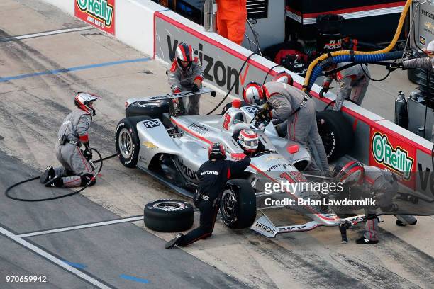 Will Power, driver of the Verizon Team Penske Chevrolet, pits during the Verizon IndyCar Series DXC Technology 600 at Texas Motor Speedway on June 9,...