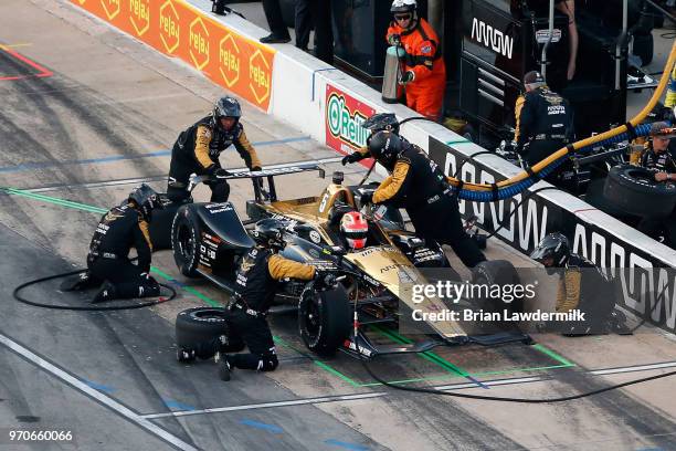 James Hinchcliffe, driver of the Arrow Electronics SPM Honda, pits during the Verizon IndyCar Series DXC Technology 600 at Texas Motor Speedway on...