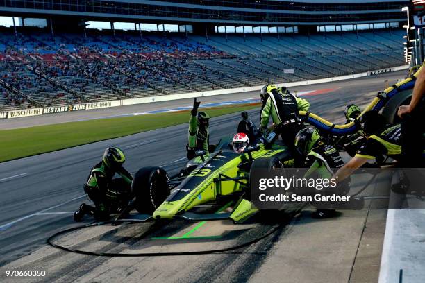 Charlie Kimball, driver of the Tresiba Chevrolet, pits during the Verizon IndyCar Series DXC Technology 600 at Texas Motor Speedway on June 9, 2018...